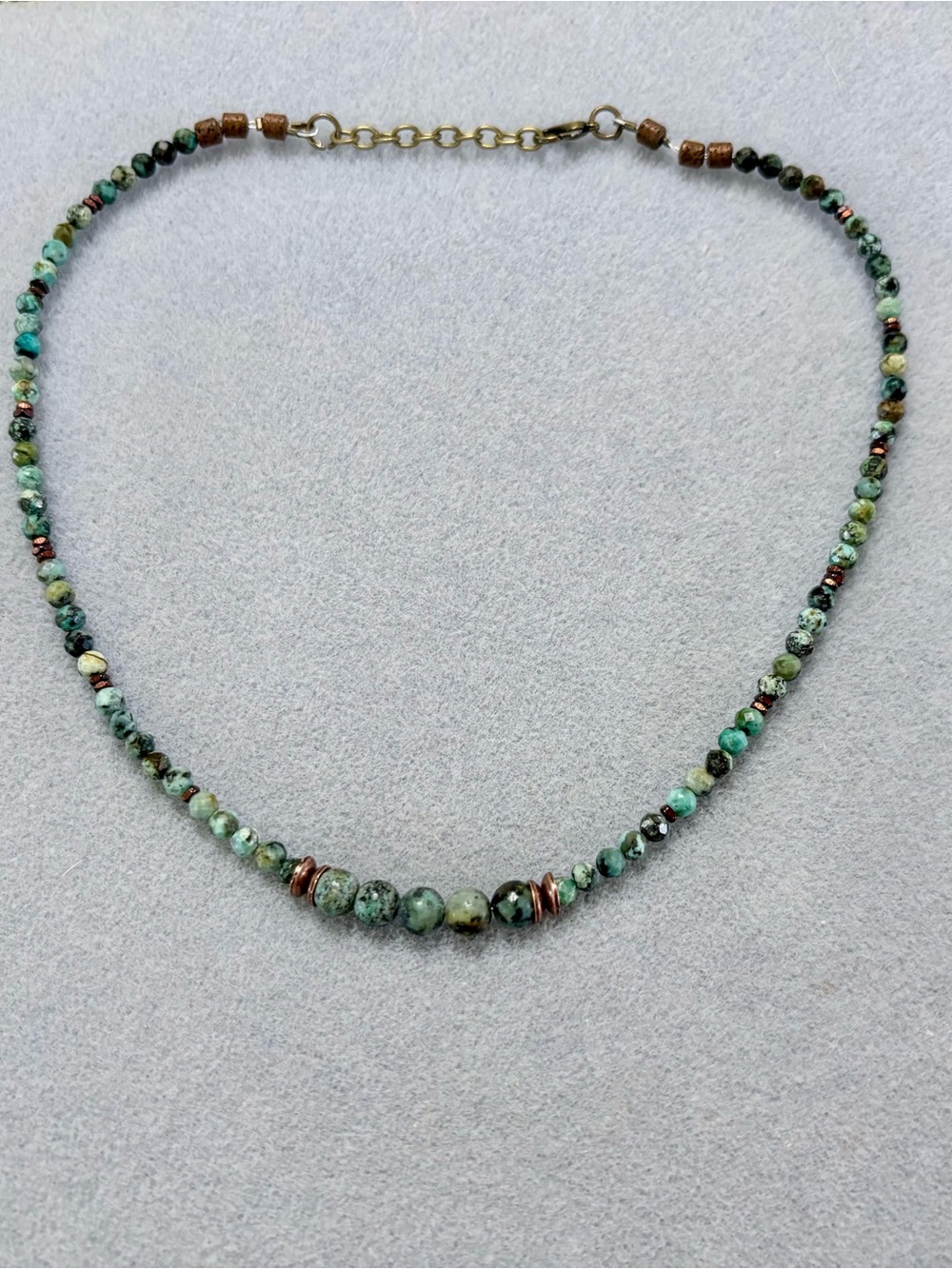 African Turquoise Green Beaded Necklace with Copper Accents 16.5 inches